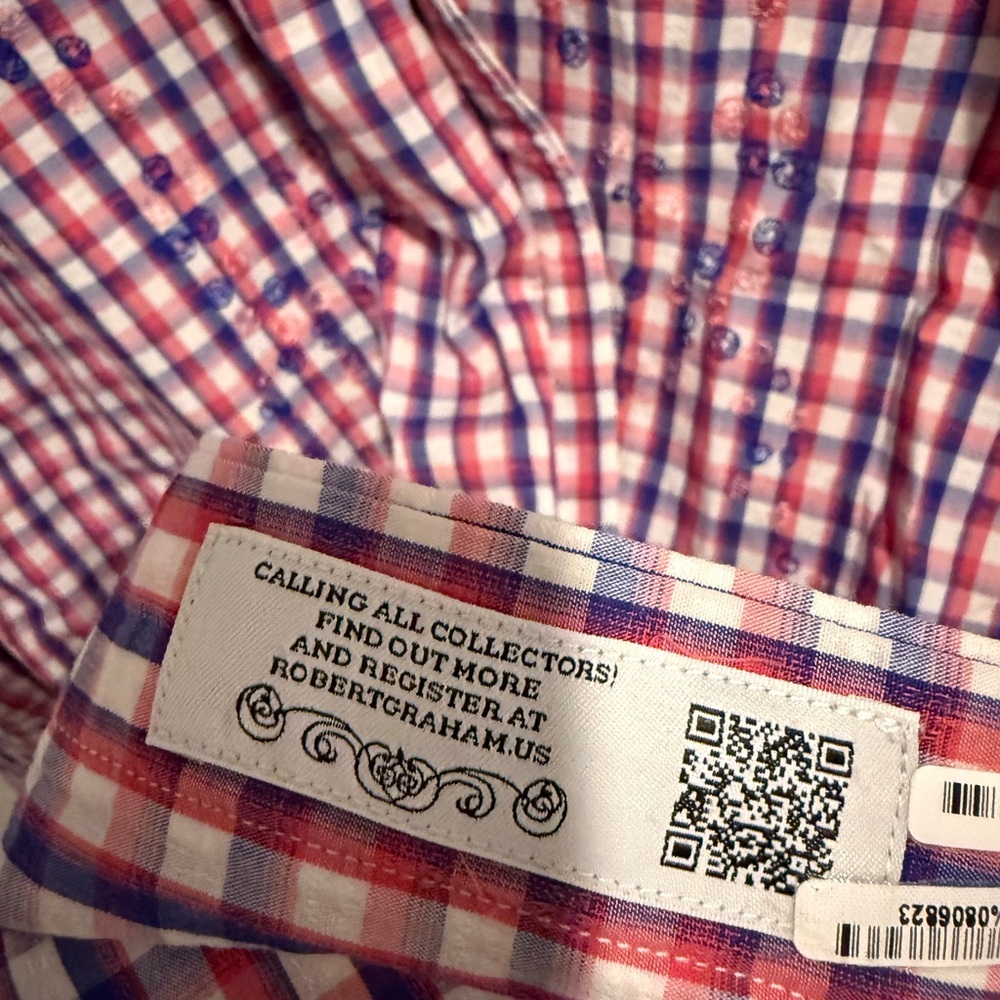 Robert Graham Dress Shirt Medium Classic Fit Red White Gingham Check Paisley - Picture 2 of 11